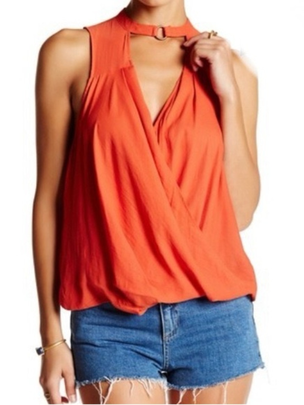 Free People So Fine Surplice Choker Wrap Tank Sleeveless Orange Sz Medium